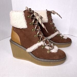 See by Chloe Boots Womens 38 Eileen Wedge Booties Suede Leather Faux Fur 8 US